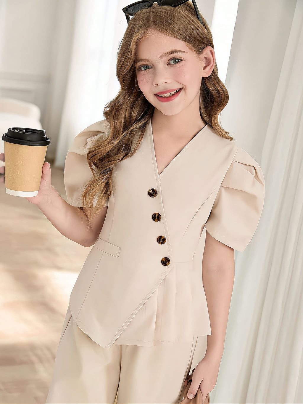 Elegant Summer 2-Piece Girls' Formal Suit, Ages 4-13 | Color: Beige | Image 2