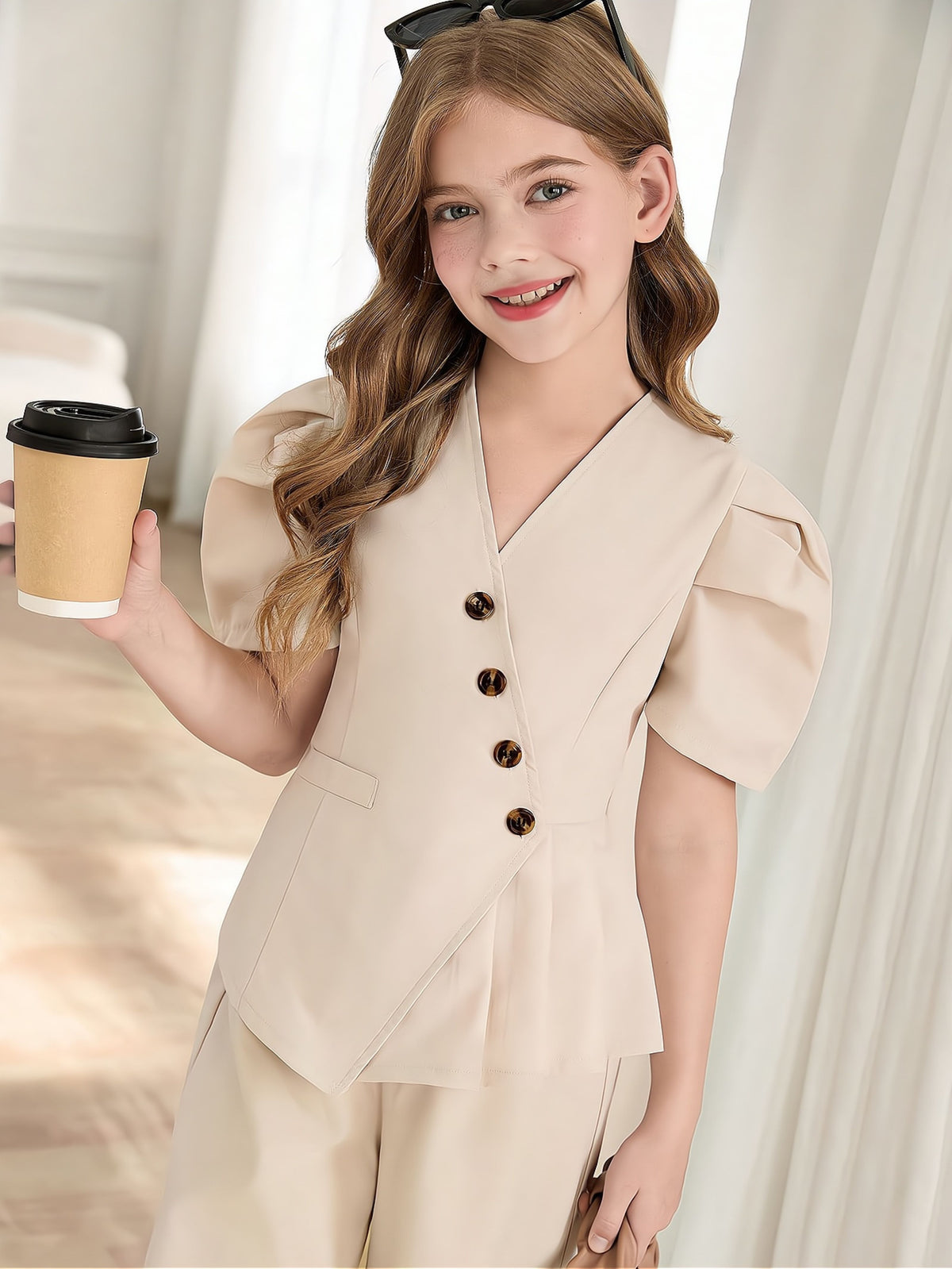 Elegant Summer 2-Piece Girls' Formal Suit, Ages 4-13 | Color: Beige | Image 2