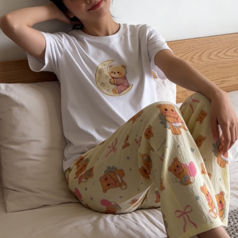 Sweet Feminine Summer 2 Pcs Women 's Short  Sleeve Sleep Set | Color: Style 1 | Image 3