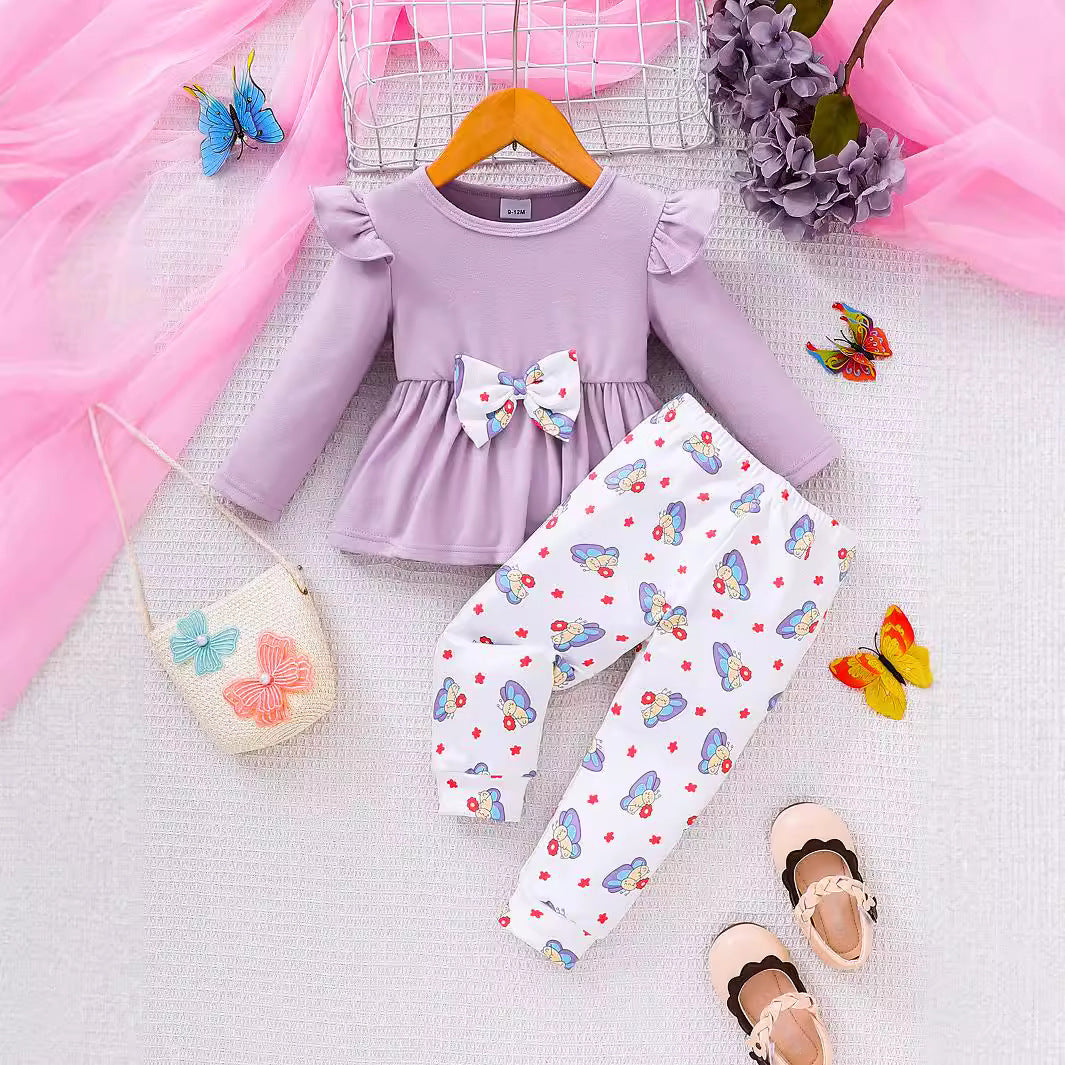 Sweet & Cute Autumn 2-Piece Baby Girls' Pants Suit, Ages 0-12 Months | Color: Light Purple | Image 1
