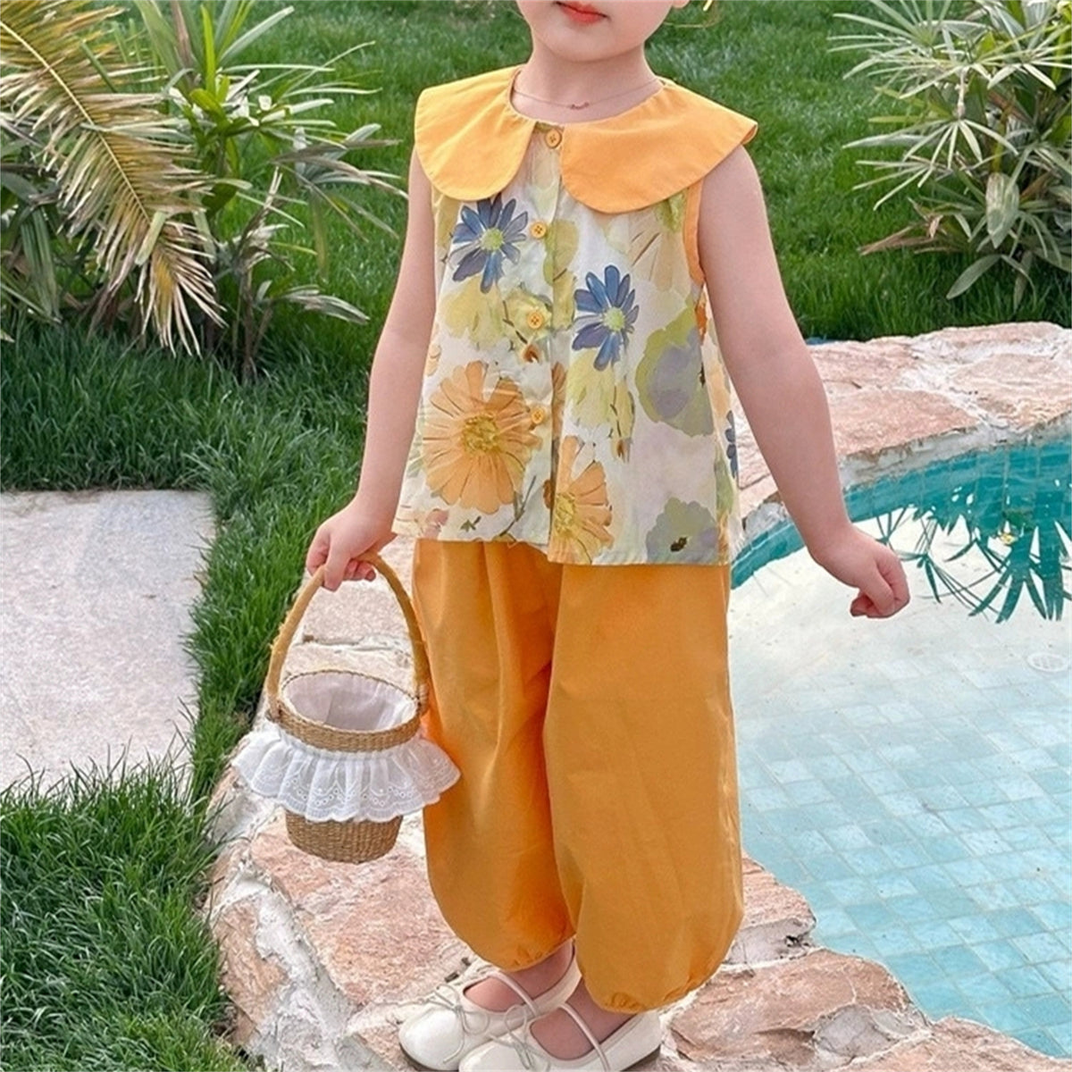 Sweet & Cute Summer 2-Piece Girls' Pants Suit, Ages 2-9 | Color: Yellow | Image 1
