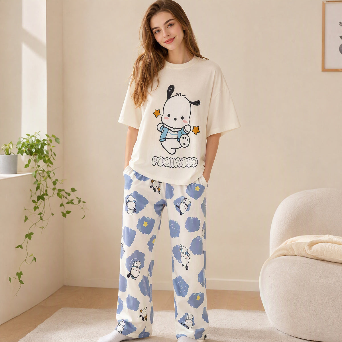 Modern Chic All-Season Sweet Feminine Summer 2 Pcs Women 's Short  Sleeve Sleep Set | Color: Style 1 | Image 1