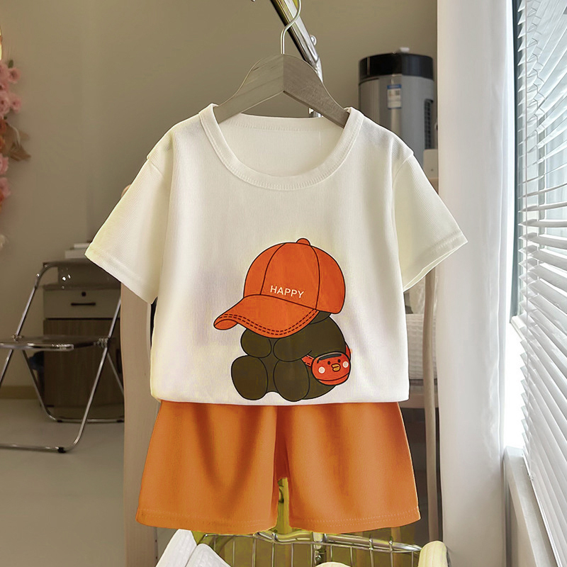 Modern Chic All-Season Minimalist Summer 2-Piece Unisex Kids' Pants Suit, Ages 2-5 | Color: Orange | Image 1
