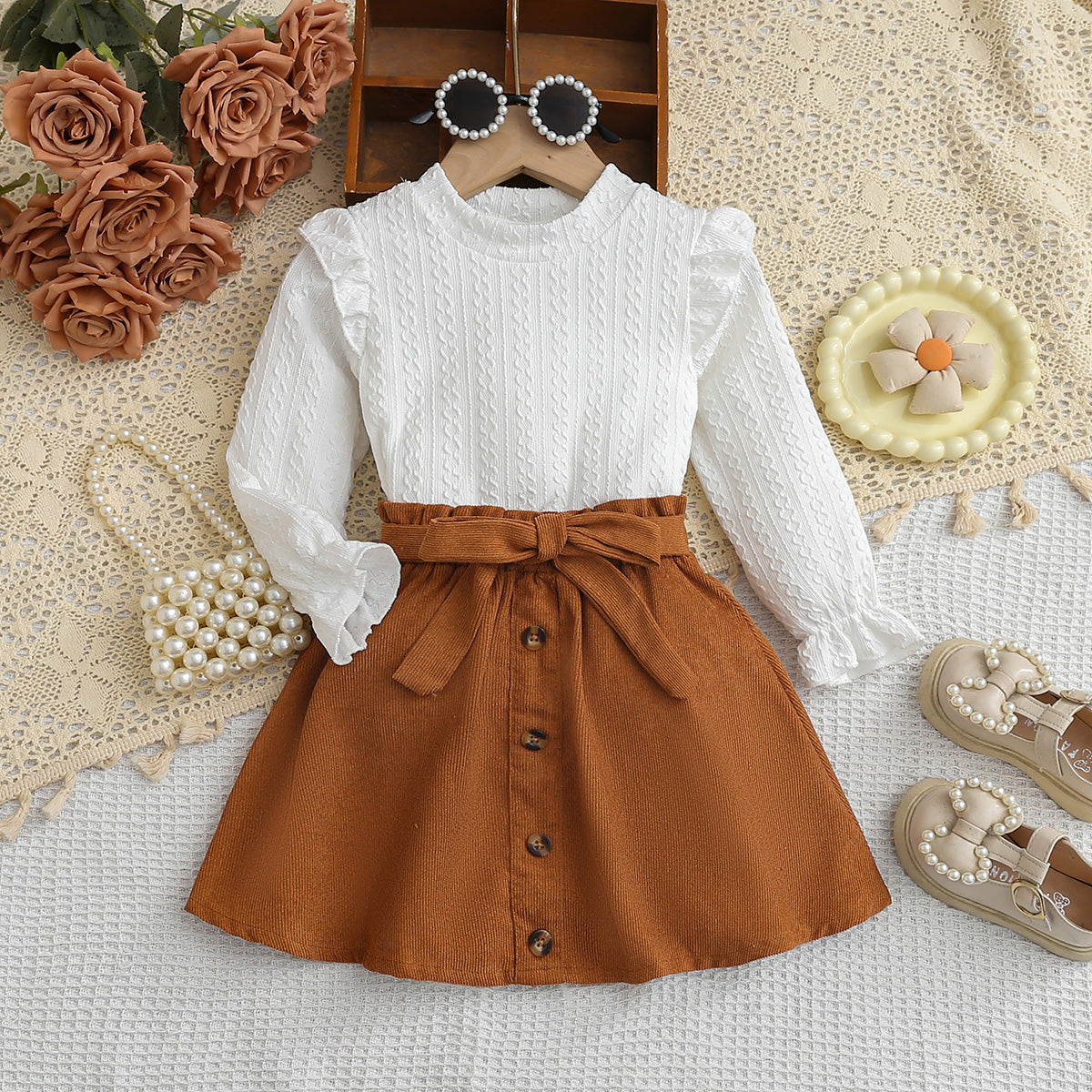 Elegant Autumn 2-Piece Baby Girls' Dress Suit, Ages 3-24 Months | Color: Coffee&White | Image 1