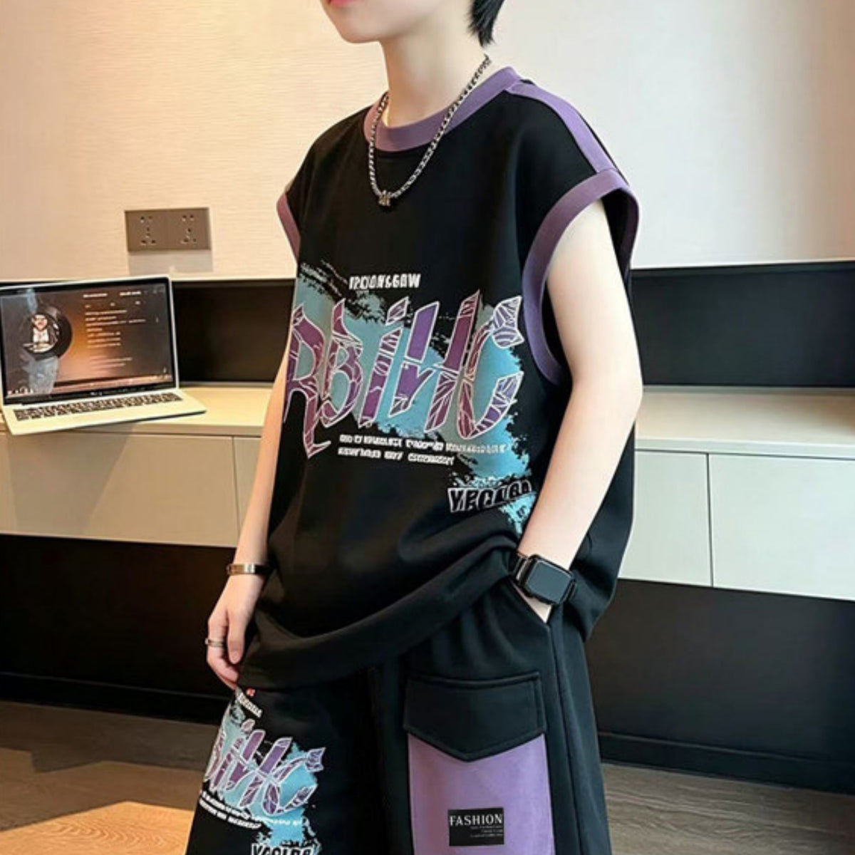 Casual Sporty Summer 2-Piece Boys' Pants Suit, Ages 4-14 | Color: Black | Image 2