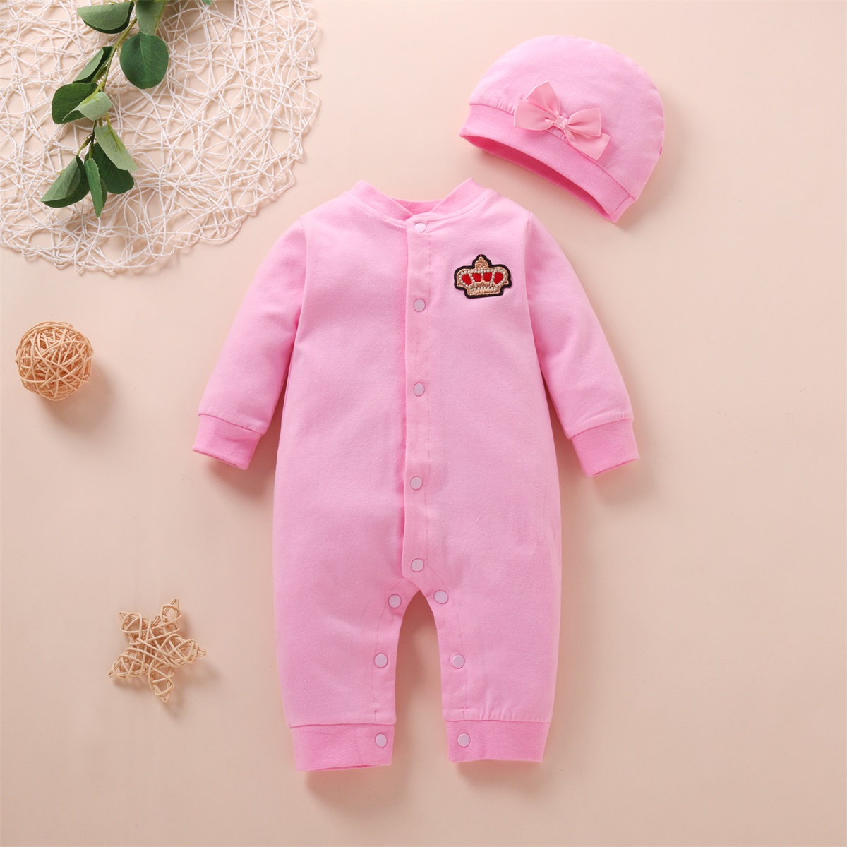 Minimalist Autumn 2-Piece Baby Girls' Jumpsuit, Ages 0-6 Months | Color: Pink | Image 1