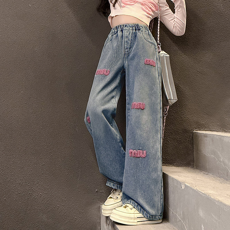 Modern Chic All-Season Casual Sporty Autumn Girls' Jeans, Ages 4-14 | Color: Blue | Image 3