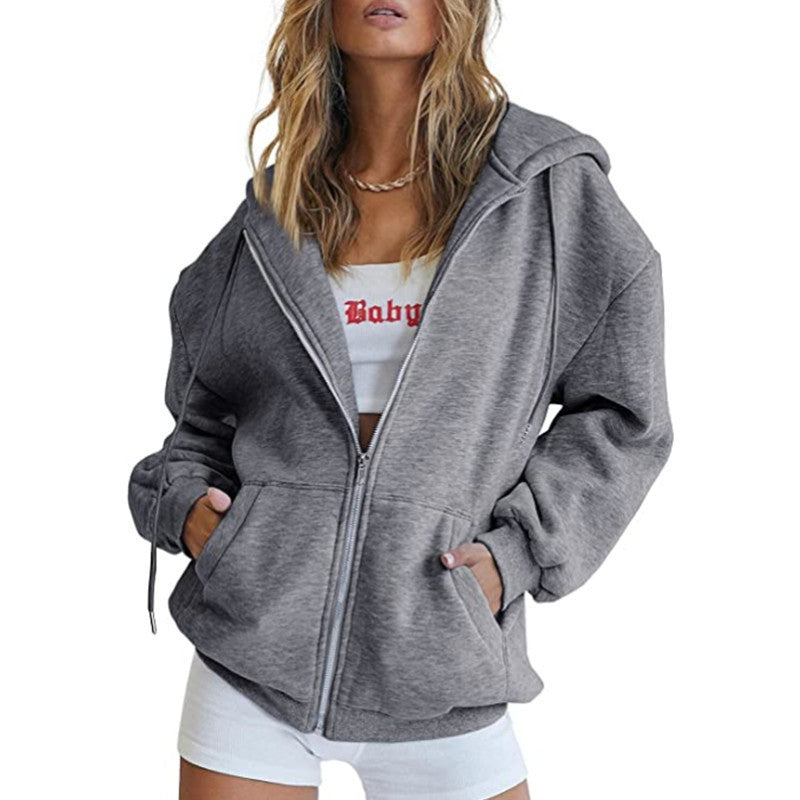 Casual Sporty Spring Zip Hoodie | Color: Dark Grey | Image 1