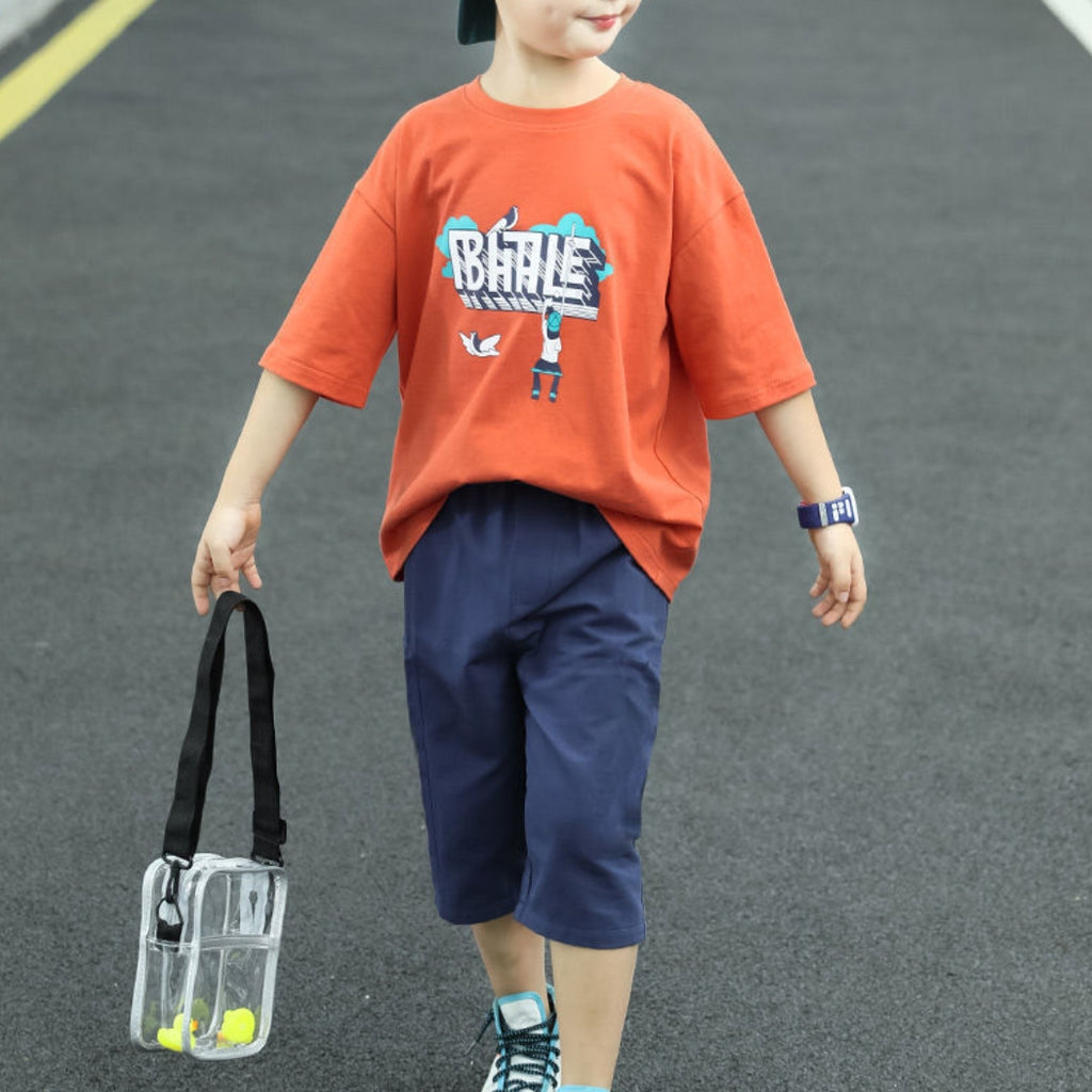 Minimalist Summer 2-Piece Boys' Pants Suit, Ages 4-13 | Color: Orange | Image 1