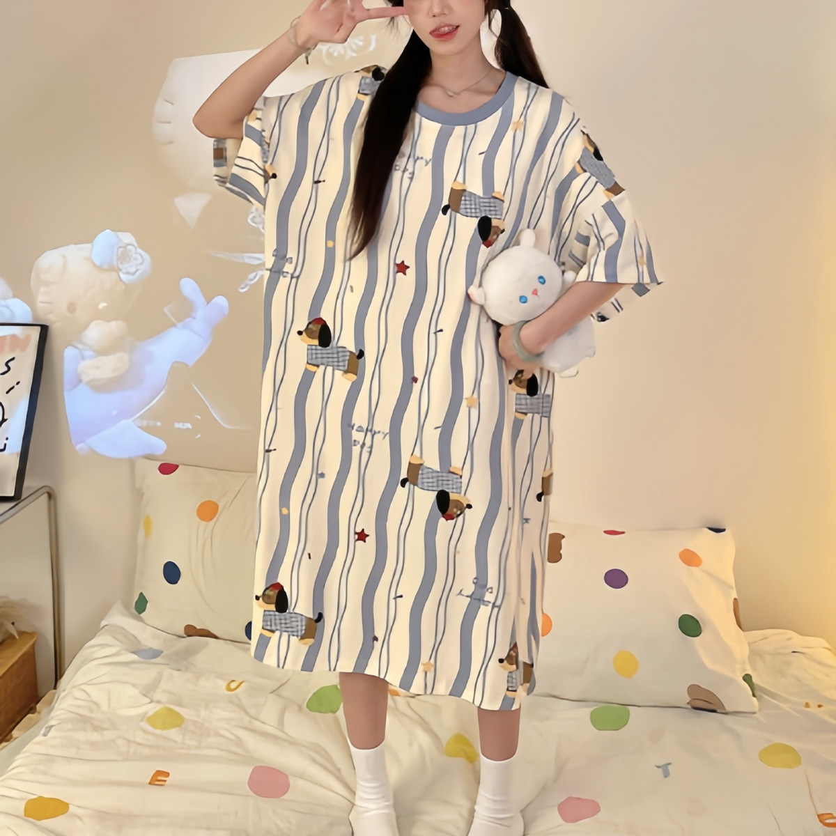 Modern Chic All-Season Sweet Feminine Summer Women 's Short  Sleeve Sleep Dress | Color: Style 5 | Image 3