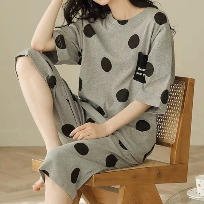 Minimalist Summer 2 Pcs Women 's Short  Sleeve Sleep Set | Color: Grey | Image 3