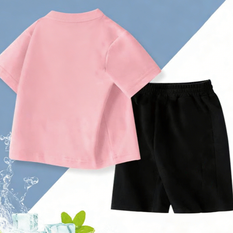 Modern Chic All-Season Minimalist Summer 2-Piece Unisex Kids' Pants Suit, Ages 2-7 | Color: Pink | Image 3