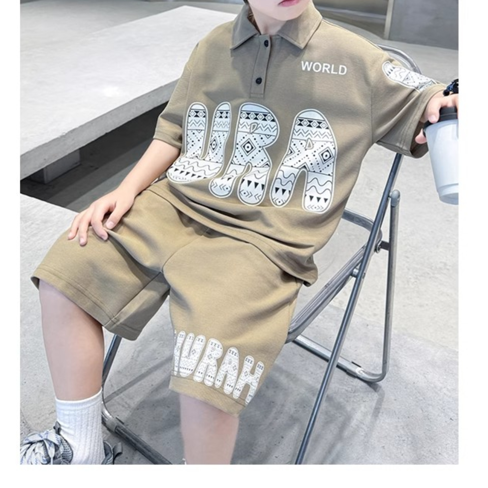 Casual Sporty Summer 2-Piece Boys' Pants Suit, Ages 3-14 | Color: Khaki | Image 1