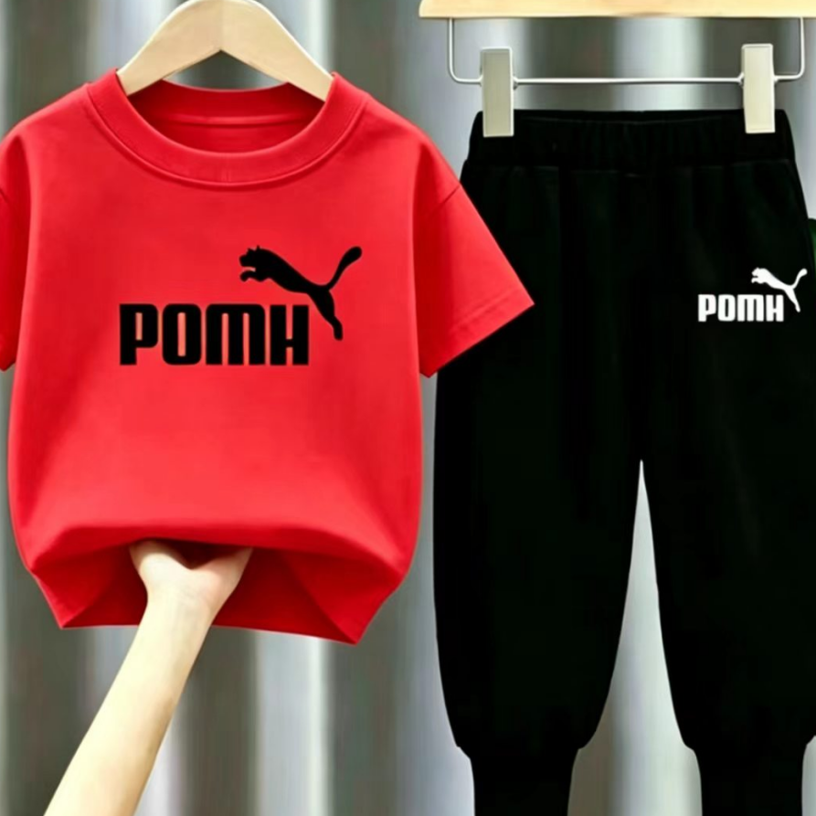 Modern Chic All-Season Casual Sporty Summer 2-Piece Unisex Kids' Pants Suit, Ages 2-13 | Color: Red | Image 1