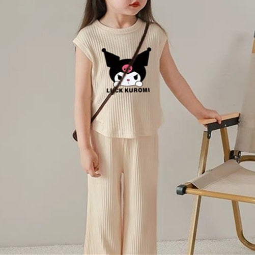 Modern Chic All-Season Minimalist Summer 2-Piece Girls' Pants Suit, Ages 2-9 | Color: Beige | Image 1