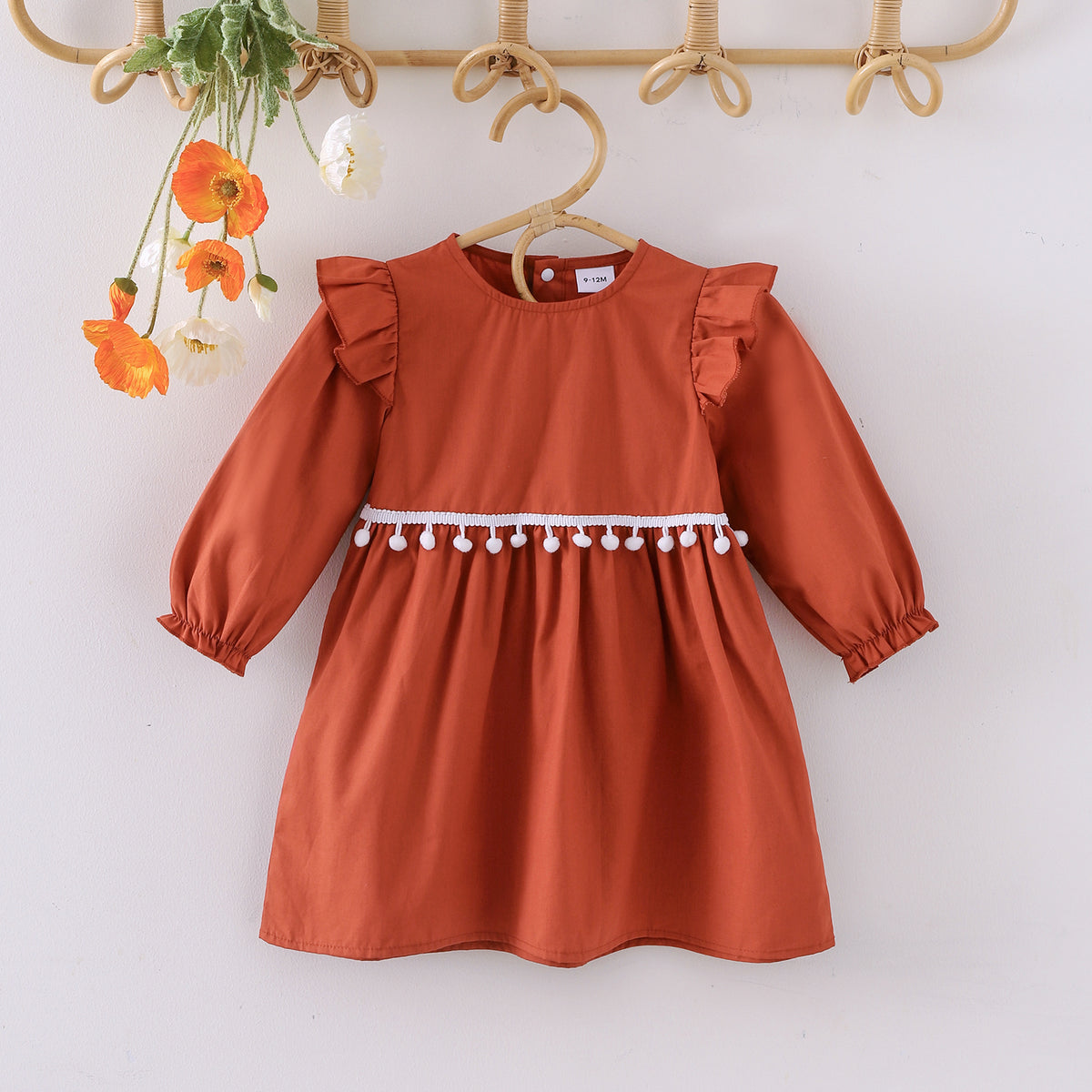 Minimalist Autumn Baby Girls' Dress, Ages 0-24 Months | Color: Red&Brown | Image 1