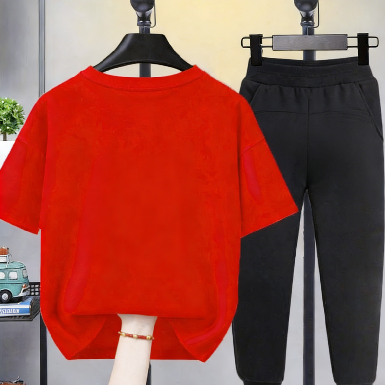 Modern Chic All-Season Minimalist Summer 2-Piece Girls' Pants Suit, Ages 4-14 | Color: Red | Image 3