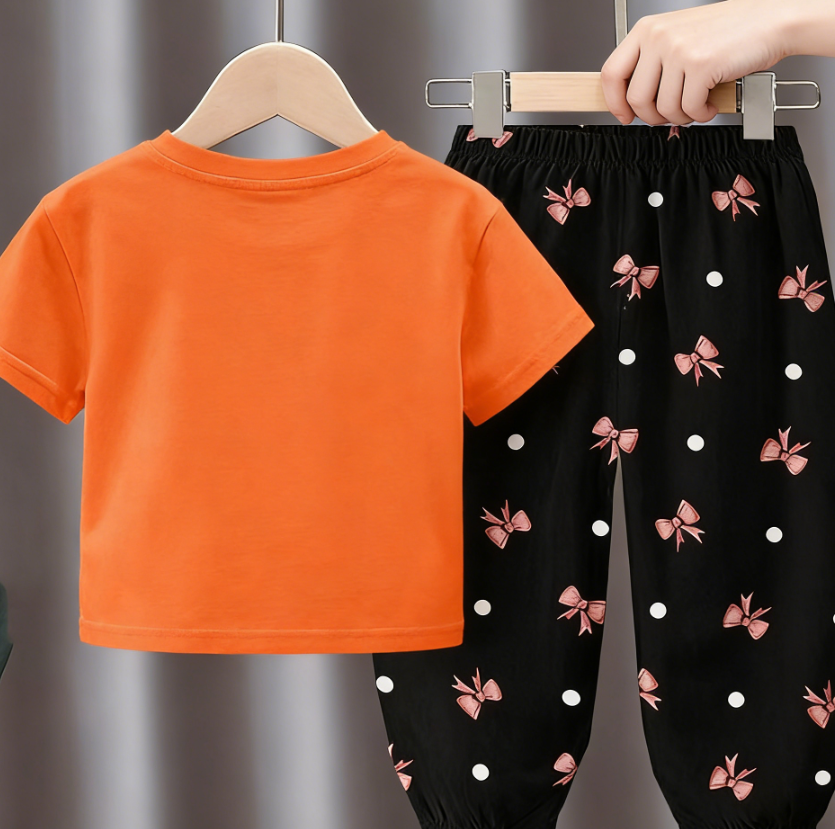 Modern Chic All-Season Minimalist Summer 2-Piece Girls' Pants Suit, Ages 2-9 | Color: Orange | Image 3