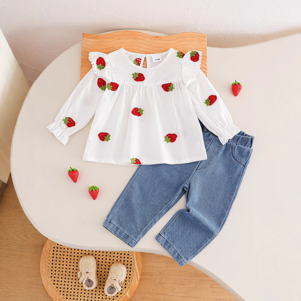 Sweet & Cute Autumn 2-Piece Baby Girls' Pants Suit, Ages 0-24 Months | Color: White&Blue | Image 1