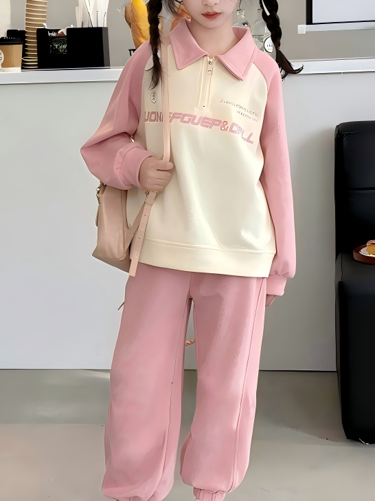 Casual Sporty Autumn 2-Piece Girls' Pants Suit, Ages 4-14 | Color: Pink | Image 1