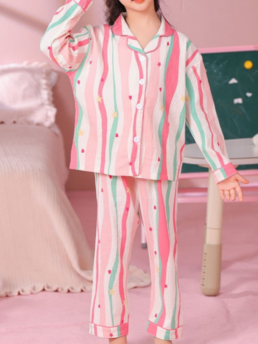 Modern Chic Minimalist All-Season 2-Piece Girls' Pajama Set, Ages 2-14 | Color: Red | Image 3