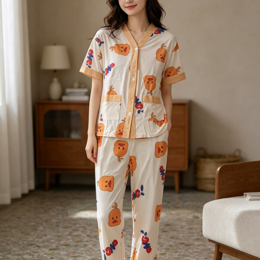 Modern Chic All-Season Minimalist Summer 2 Pcs Women 's Short  Sleeve Night Set | Color: Apricot | Image 1