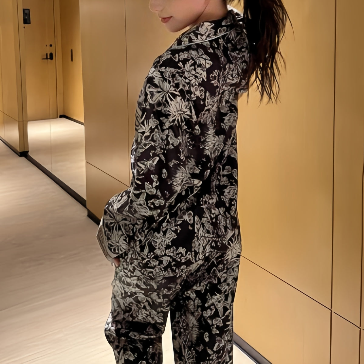 Modern Chic All-Season Minimalist Spring 2 Pcs Women 's Long Sleeve Night Set | Color: Black | Image 2