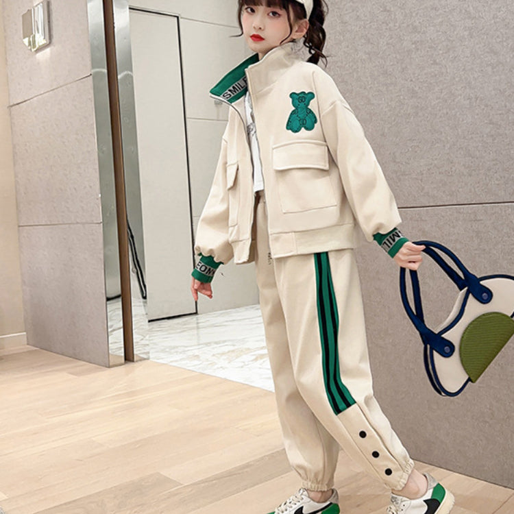 Casual Sporty Autumn 2-Piece Girls' Pants Suit, Ages 4-14 | Color: Apricot | Image 3