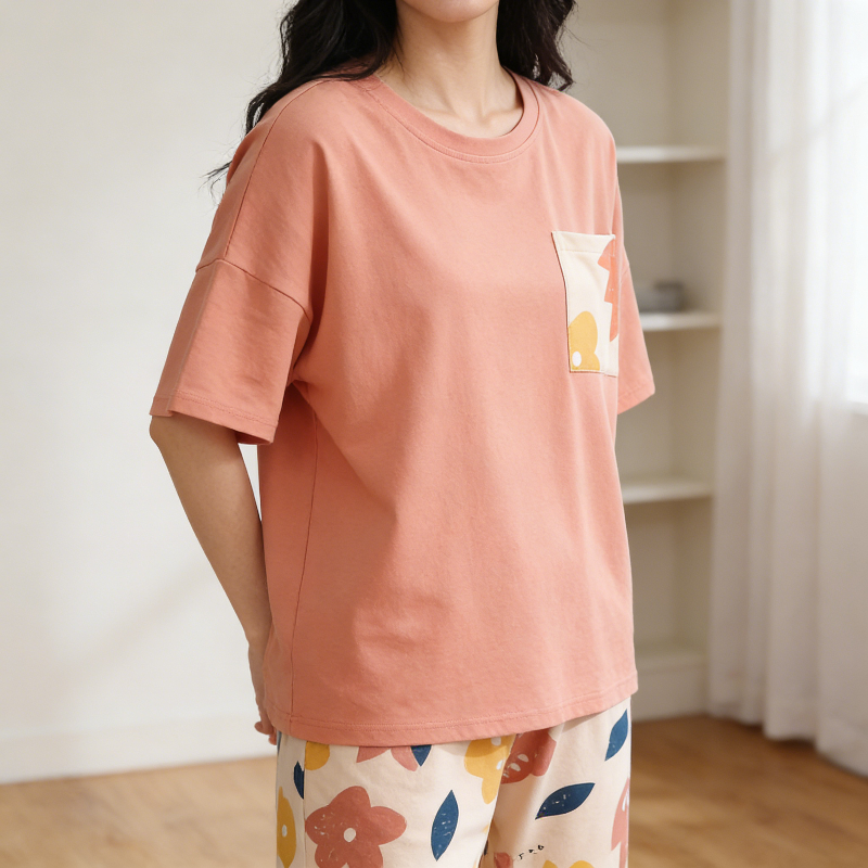 Modern Chic All-Season Minimalist Summer 2 Pcs Women 's Short  Sleeve Sleep Set | Color: Peach Pink | Image 3