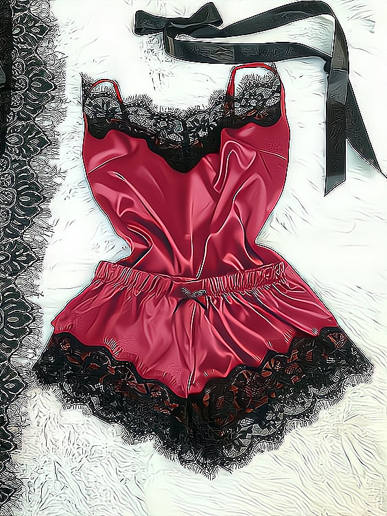 Minimalist Summer 2 Pcs Women 's Sleeveless Night Set | Color: Deep Red | Image 1