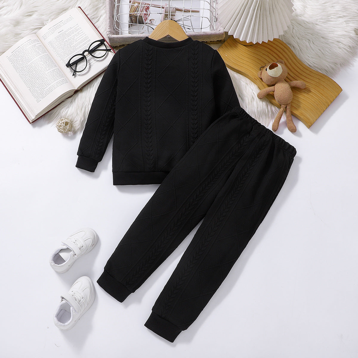 Minimalist Winter 2-Piece Unisex Kids' Pants Suit, Ages 3-9 | Color: Black | Image 3
