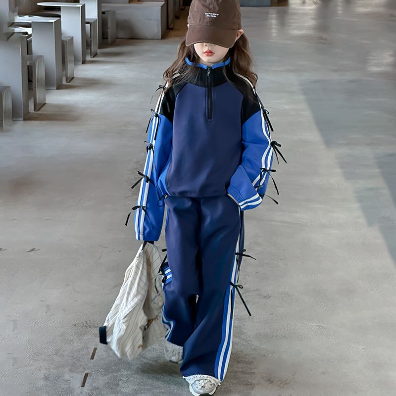 Modern Chic All-Season Casual Sporty Autumn 2-Piece Girls' Pants Suit, Ages 3-14 | Color: Blue | Image 1