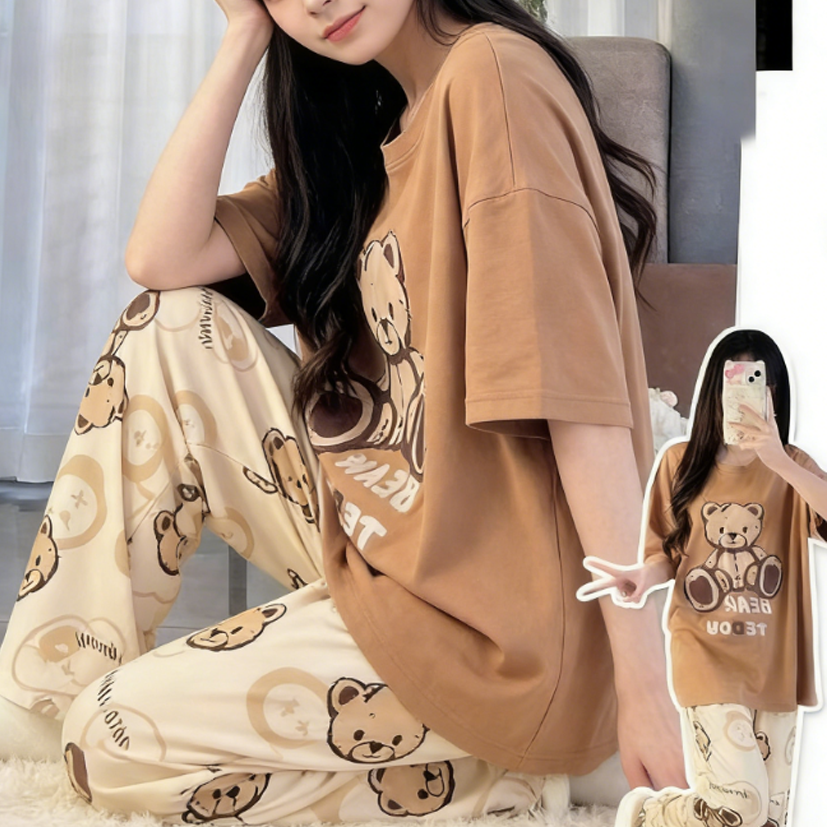 Sweet Feminine Summer 2 Pcs Women 's Short  Sleeve Sleep Set | Color: Style 1 | Image 1