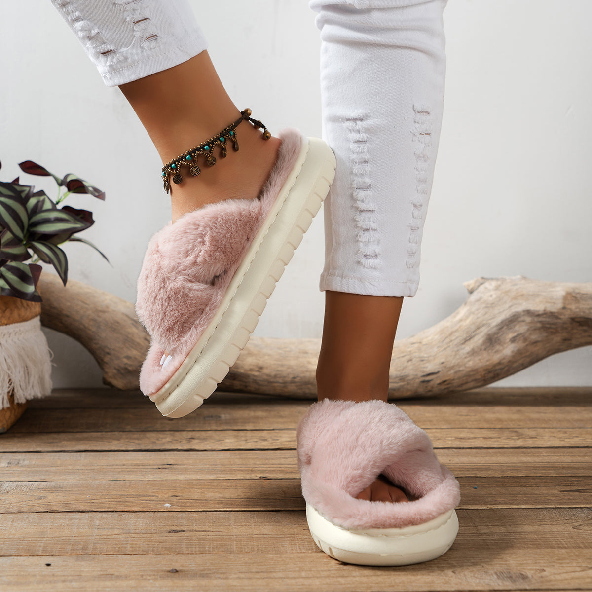 Modern Chic All-Season Velvet/Corduroy Women's Imitation Fur Slippers | Color: Pink | Image 1