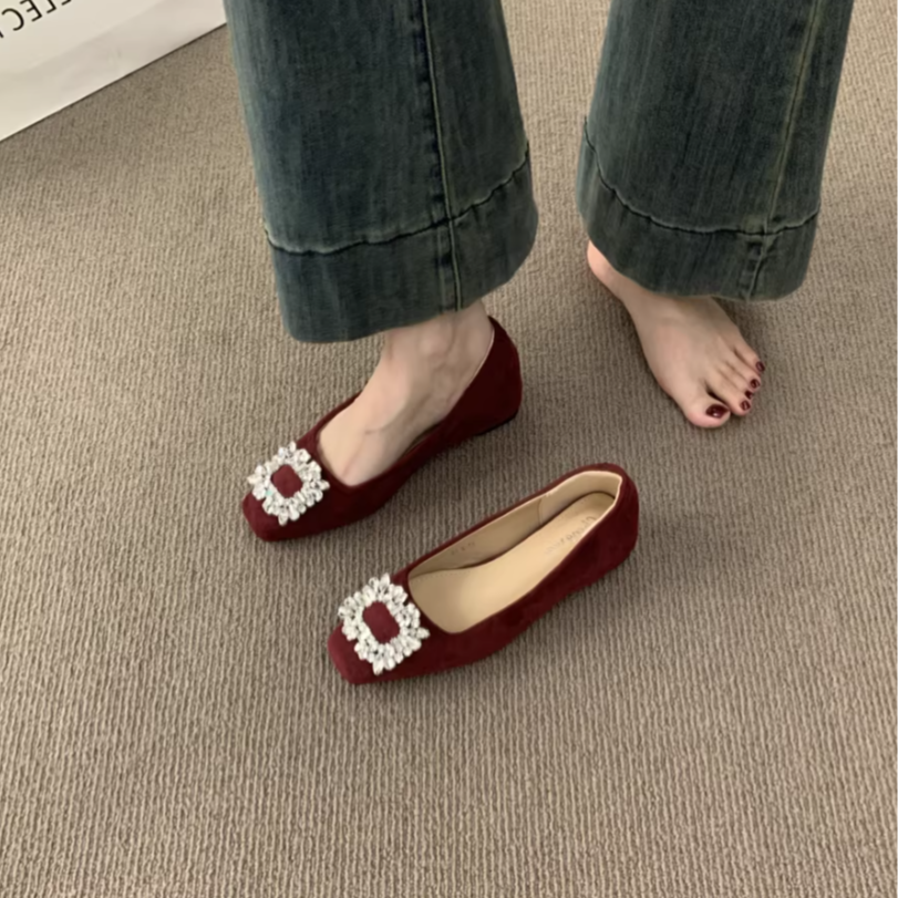 Modern Chic All-Season Suede/Oxford/Scrub Women's Flat Shoes | Color: Red | Image 3