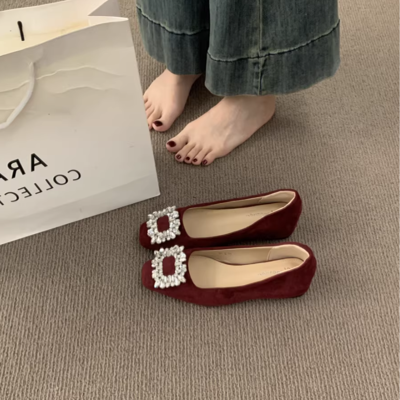 Modern Chic All-Season Suede/Oxford/Scrub Women's Flat Shoes | Color: Red | Image 1