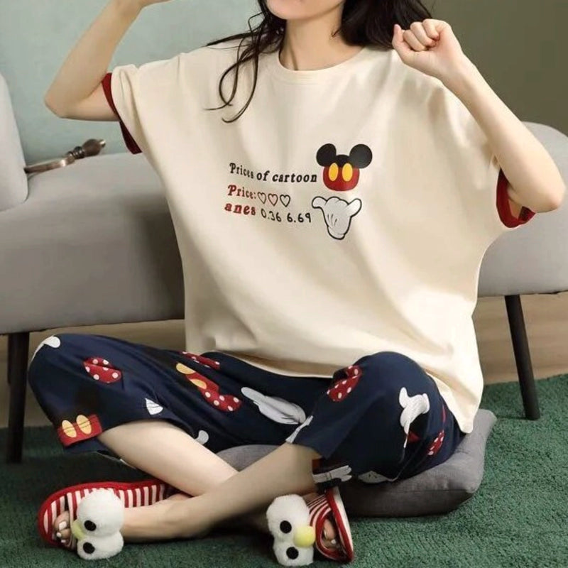 Minimalist Summer 2 Pcs Women 's Short  Sleeve Sleep Set | Color: Ivory | Image 1
