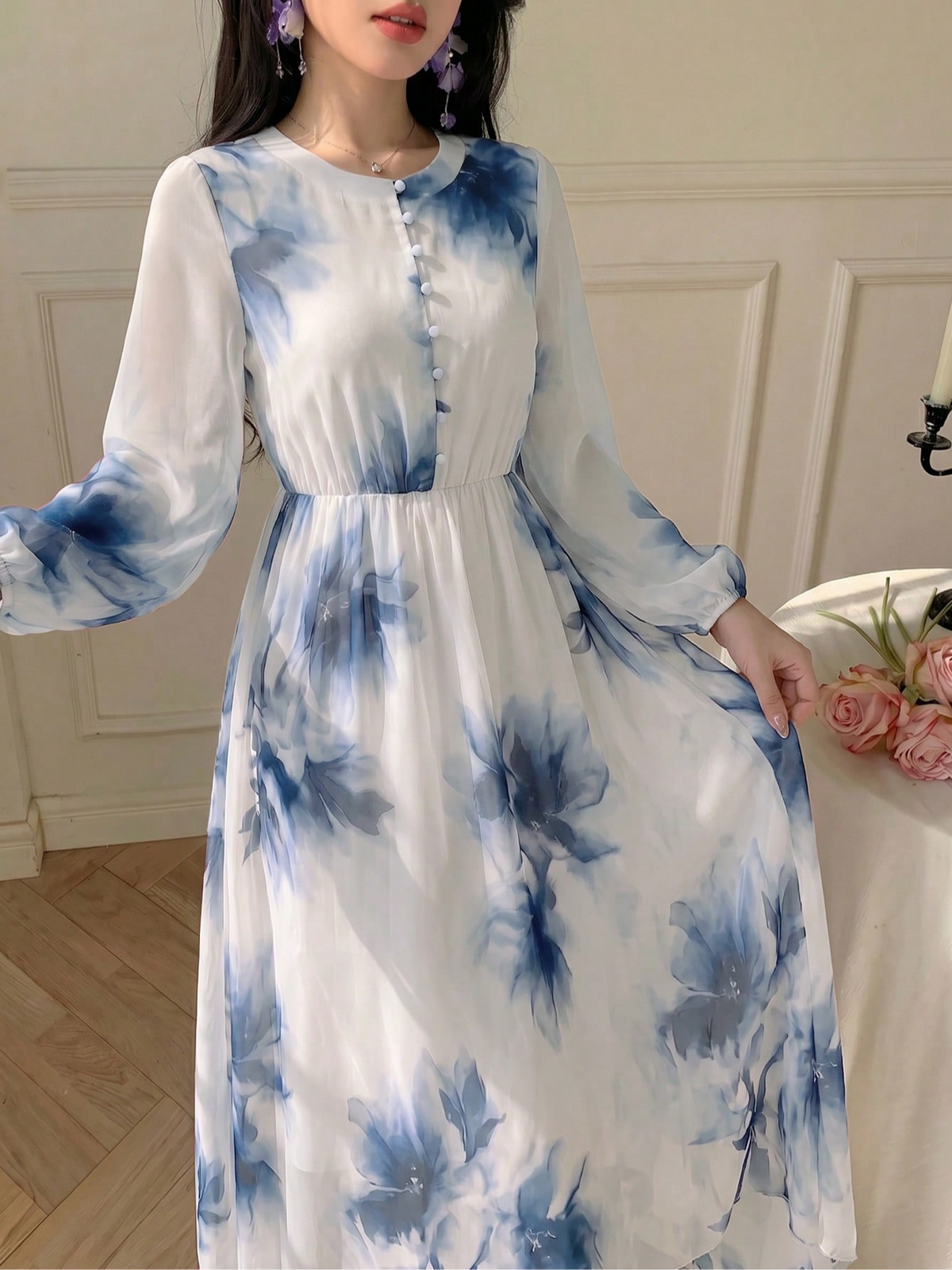 Elegant All-Season A-Line Dress | Color: Blue | Image 1