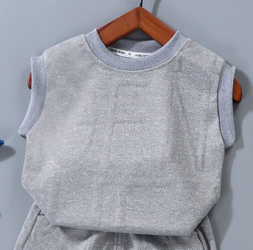 Modern Chic All-Season Minimalist Summer 2-Piece Unisex Baby Pants Suit, Ages 9-24 Months | Color: Grey | Image 2