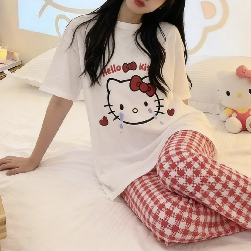 Modern Chic All-Season Sweet Feminine Summer 2 Pcs Women 's Short  Sleeve Sleep Set | Color: Style 1 | Image 1