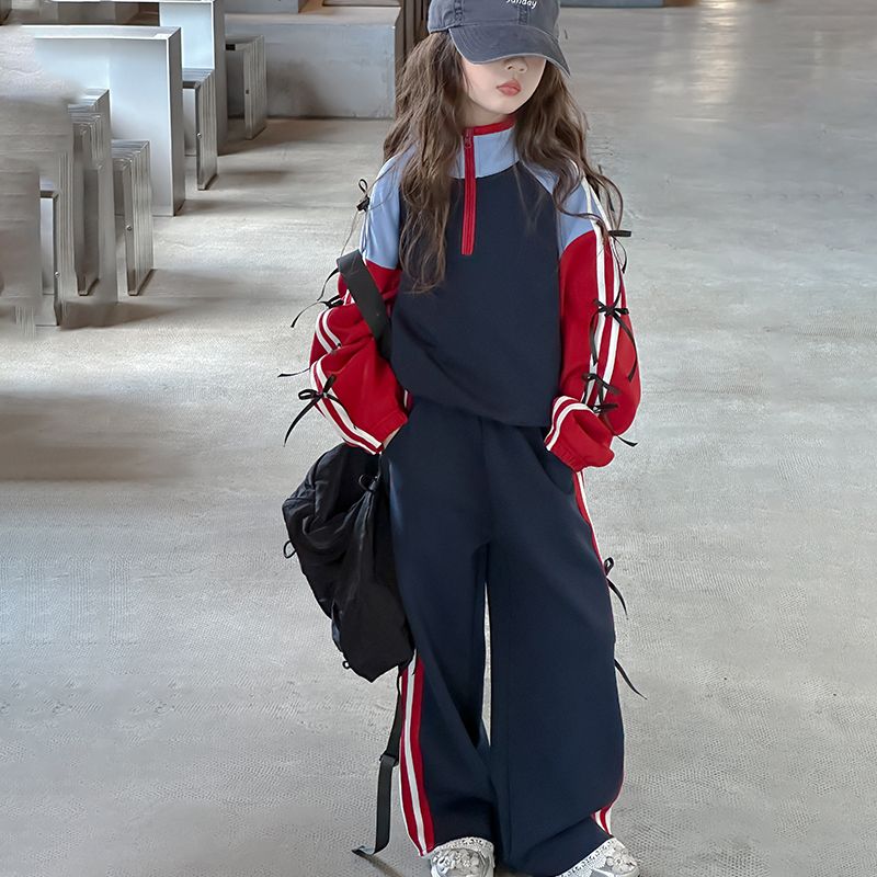 Modern Chic All-Season Casual Sporty Autumn 2-Piece Girls' Pants Suit, Ages 3-14 | Color: Red | Image 1