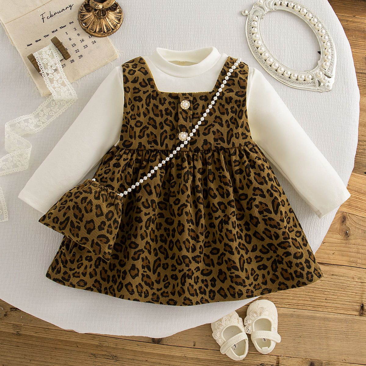 Trendy Autumn 2-Piece Baby Girls' Dress, Ages 9-24 Months | Color: Brown | Image 1