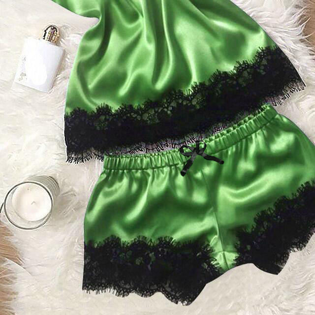 Minimalist Summer 2 Pcs Women 's Sleeveless Night Set | Color: Dark Green | Image 2