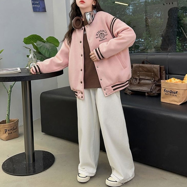 Modern Chic All-Season Casual Sporty Autumn Girls' Baseball Jacket, Ages 4-14 | Color: Pink | Image 2