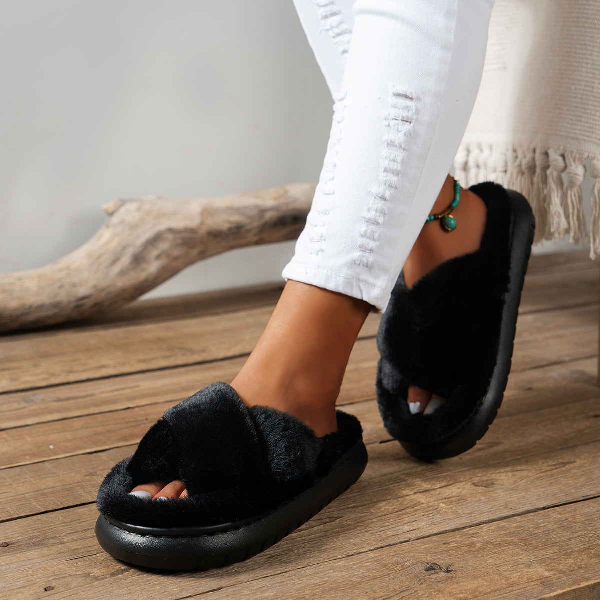 Modern Chic All-Season Velvet/Corduroy Women's Imitation Fur Slippers | Color: Black | Image 1