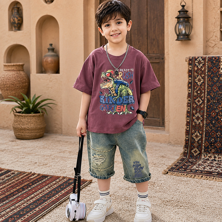 Casual Sporty Summer 2-Piece Boys' Pants Suit, Ages 3-13 | Color: Purple | Image 1