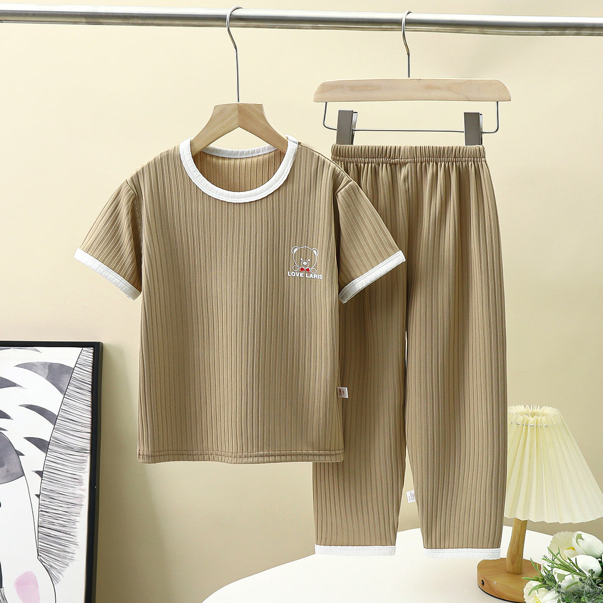 Minimalist Summer 2-Piece Unisex Kids' Pants Suit, Ages 2-9 | Color: Coffee | Image 1