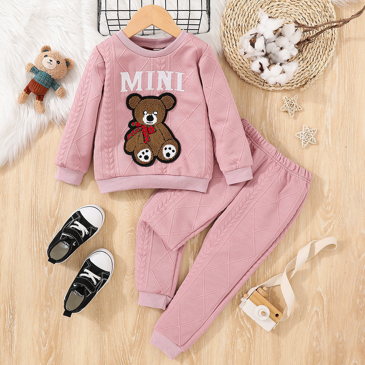 Minimalist Winter 2-Piece Unisex Kids' Pants Suit, Ages 3-9 | Color: Pink | Image 1