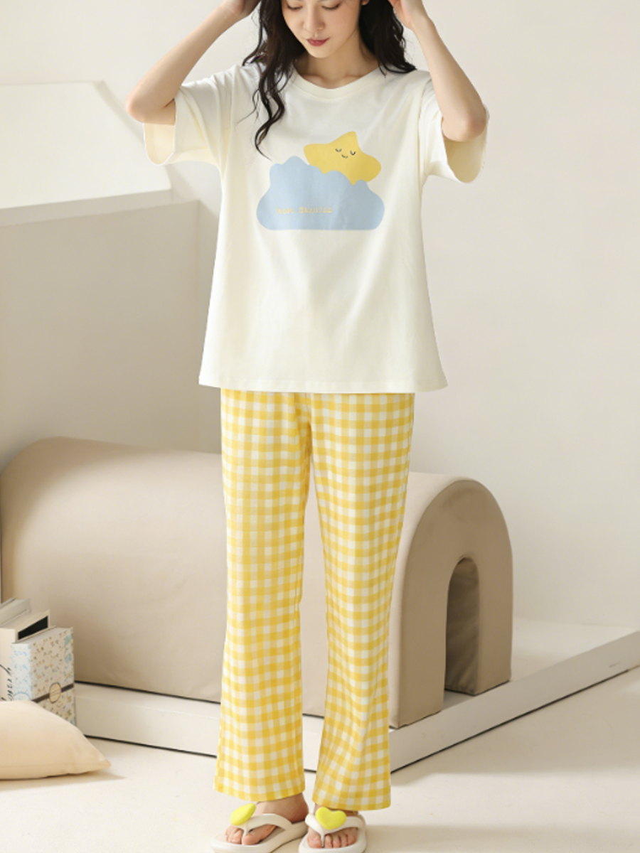 Sweet Feminine Summer 2 Pcs Women 's Short  Sleeve Sleep Set | Color: Style 1 | Image 2