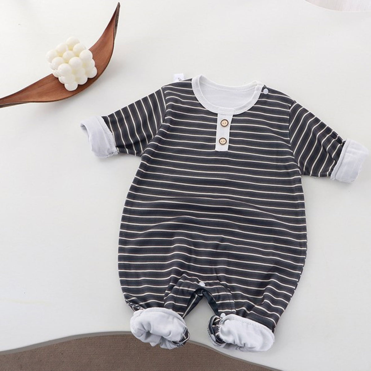 Minimalist Autumn Unisex Baby Jumpsuit, Ages 0-24 Months | Color: Grey | Image 1